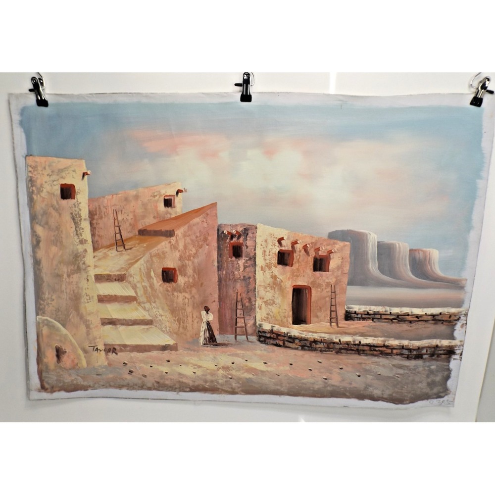 Signed Original Canvas Oil Painting Southwest Adobe Pueblo by Taylor 39 x‎ 27"